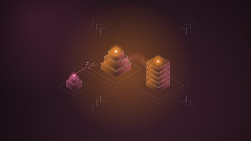 Abstract illustration: a hub locked to a large stack while a smaller tether breaks, framed by review brackets