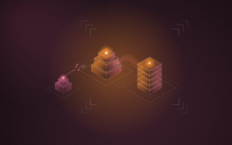 Abstract illustration: a hub locked to a large stack while a smaller tether breaks, framed by review brackets