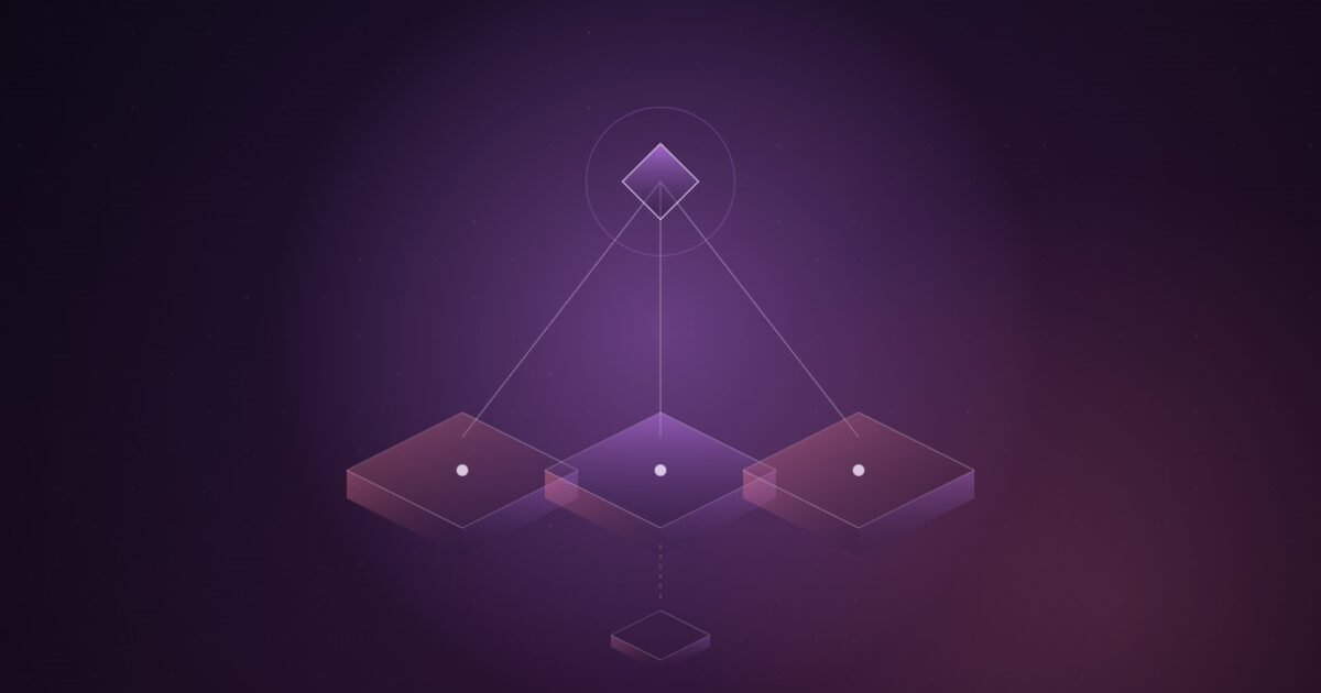 Abstract illustration of a single violet diamond node wired to three translucent isometric platforms, with a small detached platform below joined only by a dashed line