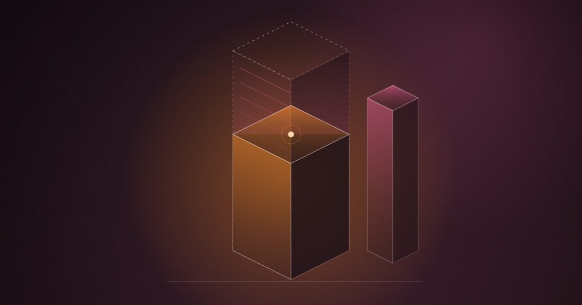 Abstract illustration of a tall dashed outline of a column with a shorter solid orange column inside it, the empty gap between them glowing pink, on a dark burgundy gradient