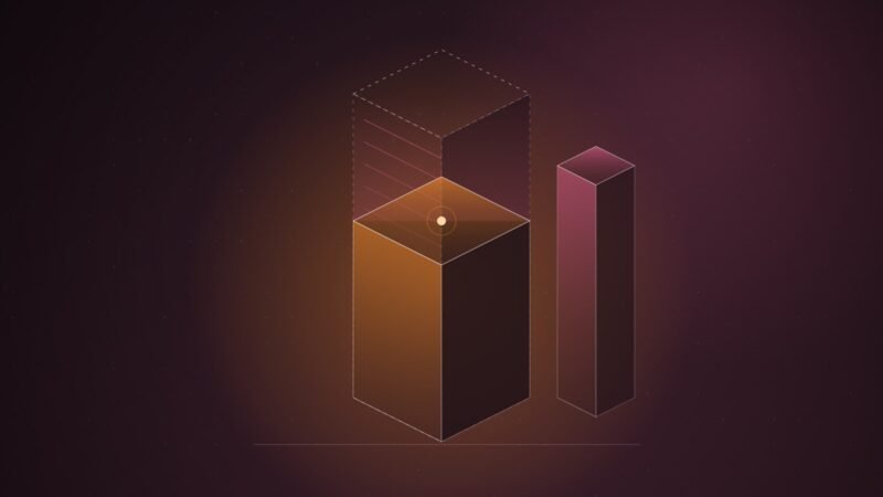 Abstract illustration of a tall dashed outline of a column with a shorter solid orange column inside it, the empty gap between them glowing pink, on a dark burgundy gradient