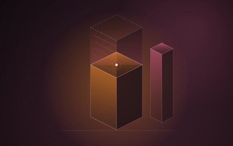 Abstract illustration of a tall dashed outline of a column with a shorter solid orange column inside it, the empty gap between them glowing pink, on a dark burgundy gradient
