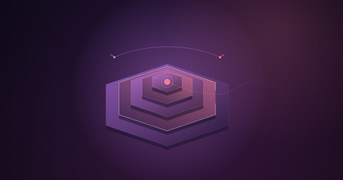 Abstract illustration of nested violet hexagonal layers around a glowing pink core, one layer left open, with a dotted line escaping to the right beneath a timing arc.