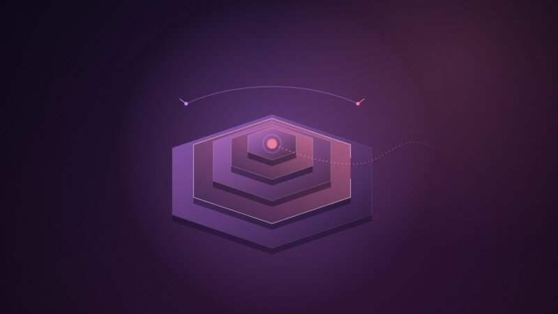 Abstract illustration of nested violet hexagonal layers around a glowing pink core, one layer left open, with a dotted line escaping to the right beneath a timing arc.