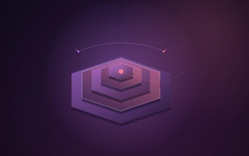 Abstract illustration of nested violet hexagonal layers around a glowing pink core, one layer left open, with a dotted line escaping to the right beneath a timing arc.