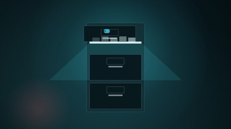 Illustration: a filing cabinet with its top drawer left open and light spilling out.