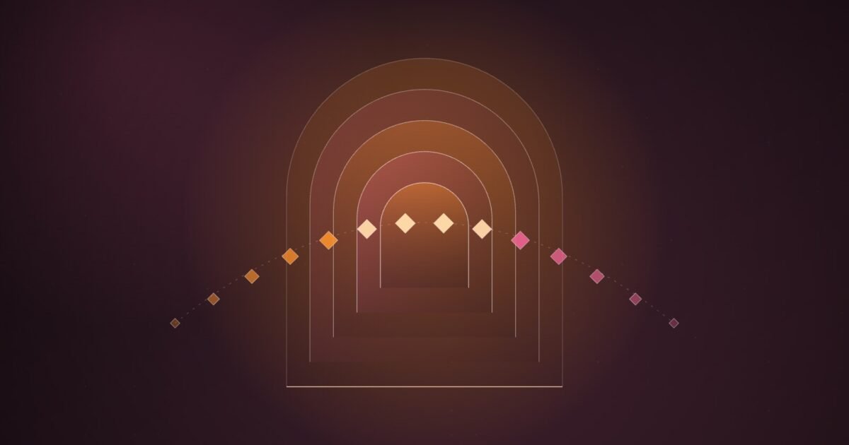 Abstract illustration of a glowing doorway frame with a stream of small geometric tokens passing through tiered gates of increasing brightness.