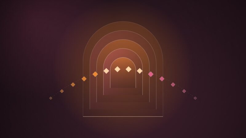 Abstract illustration of a glowing doorway frame with a stream of small geometric tokens passing through tiered gates of increasing brightness.