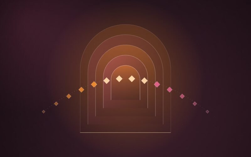 Abstract illustration of a glowing doorway frame with a stream of small geometric tokens passing through tiered gates of increasing brightness.
