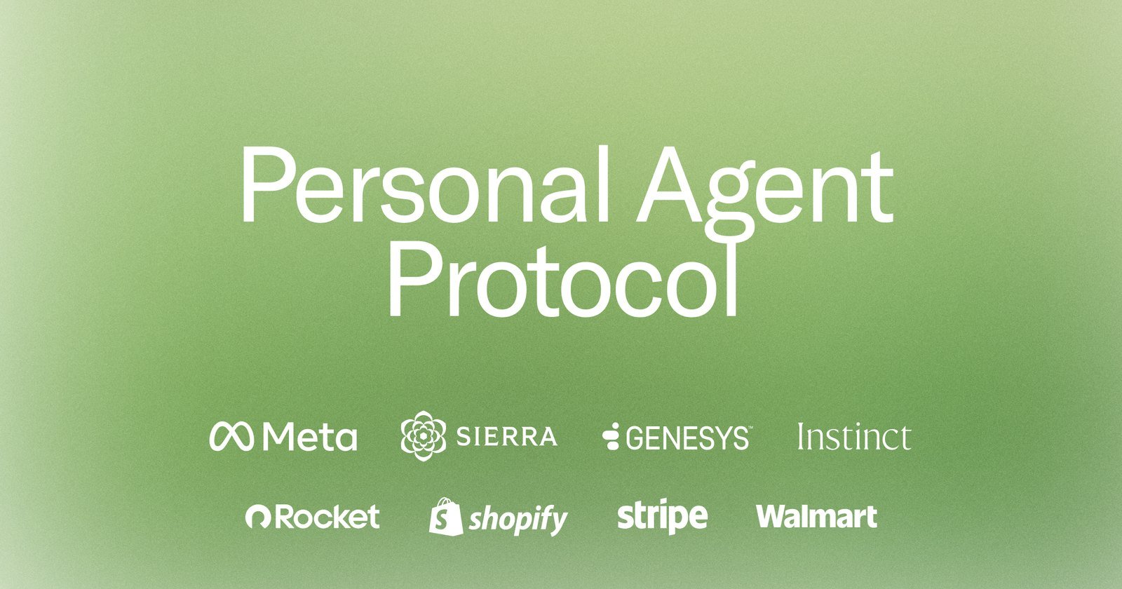 Sierra's announcement graphic for the Personal Agent Protocol, showing launch partner logos including Meta, Shopify, Stripe and Walmart