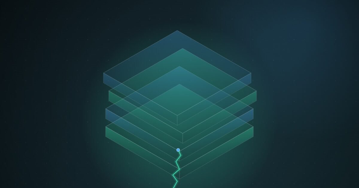 Abstract illustration of a stack of server layers with a glowing fracture running up through the lowest layer before reaching the ones above it