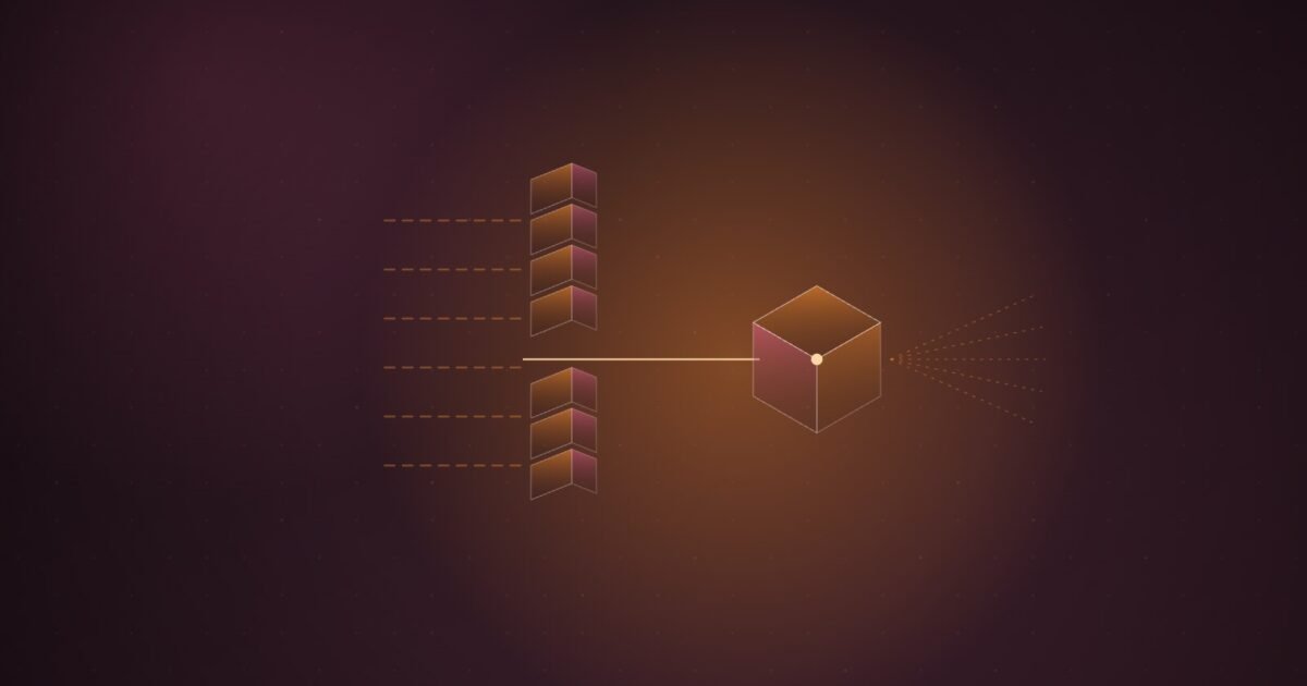 Abstract illustration of dashed beams stopped by a column of stacked panels, with a single bright beam slipping through one gap to reach a cube that fans the light outward