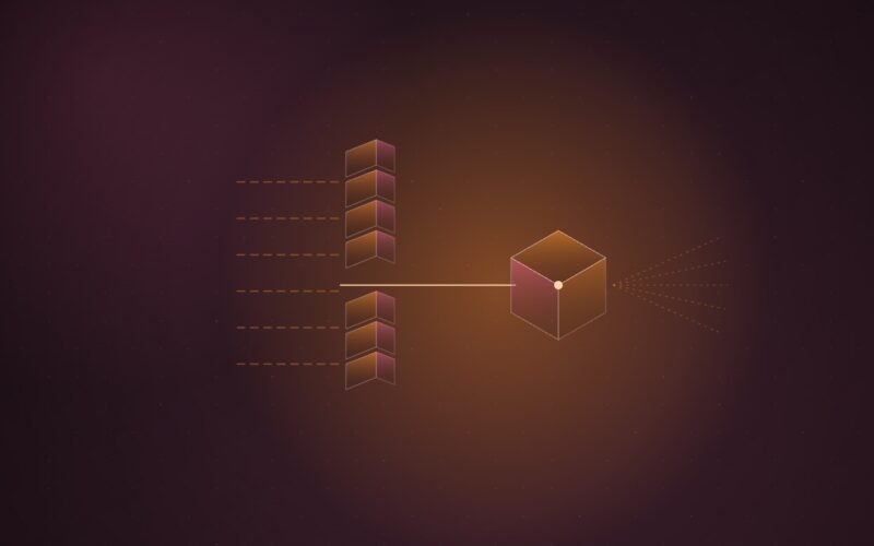 Abstract illustration of dashed beams stopped by a column of stacked panels, with a single bright beam slipping through one gap to reach a cube that fans the light outward