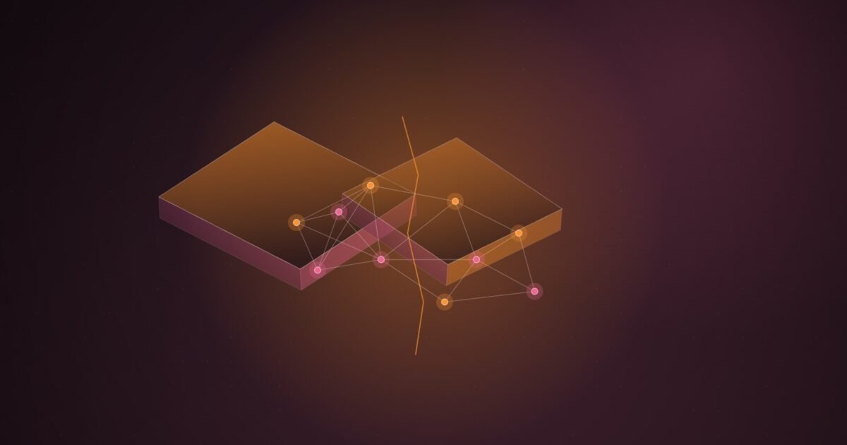 Abstract illustration of two isometric orange and pink slabs split by a jagged fault line, with a glowing network of nodes bridging the gap