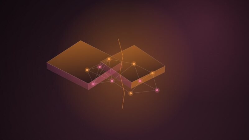 Abstract illustration of two isometric orange and pink slabs split by a jagged fault line, with a glowing network of nodes bridging the gap