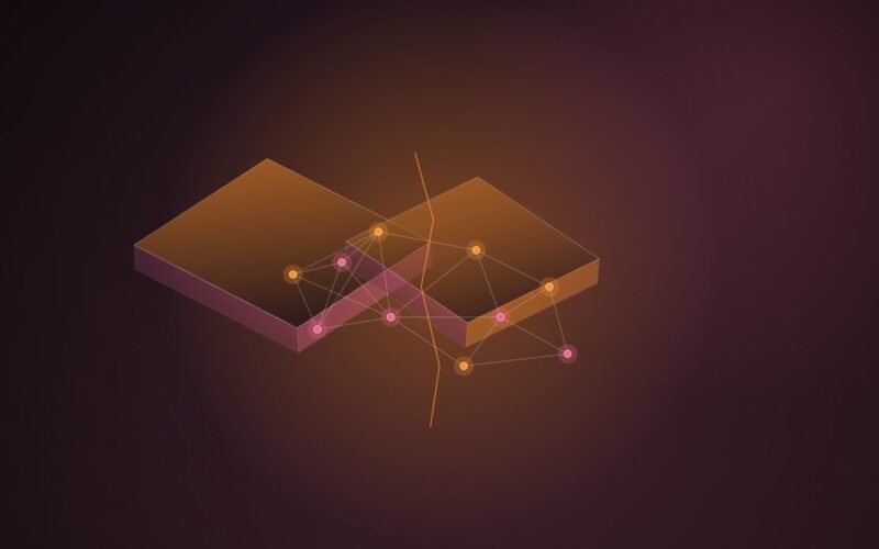 Abstract illustration of two isometric orange and pink slabs split by a jagged fault line, with a glowing network of nodes bridging the gap