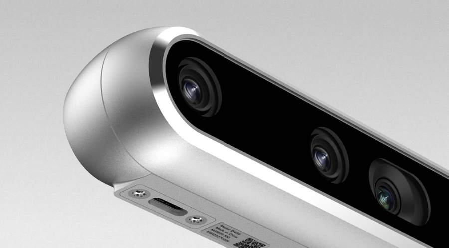 Close-up of the RealSense D456 depth camera showing its stereo lenses