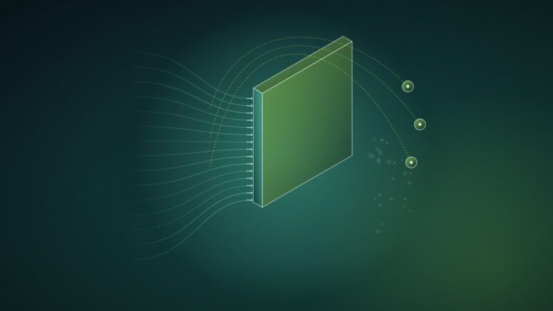Abstract illustration: streams of lines hitting a wall, with three dashed paths arcing over to new points