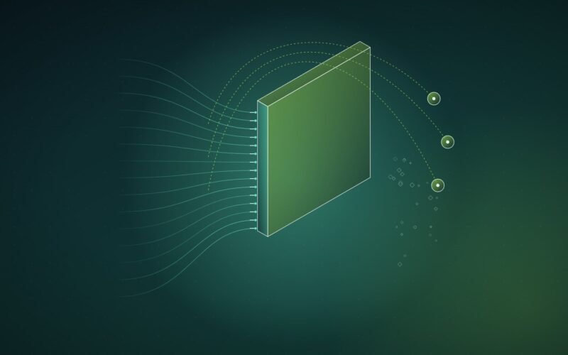Abstract illustration: streams of lines hitting a wall, with three dashed paths arcing over to new points