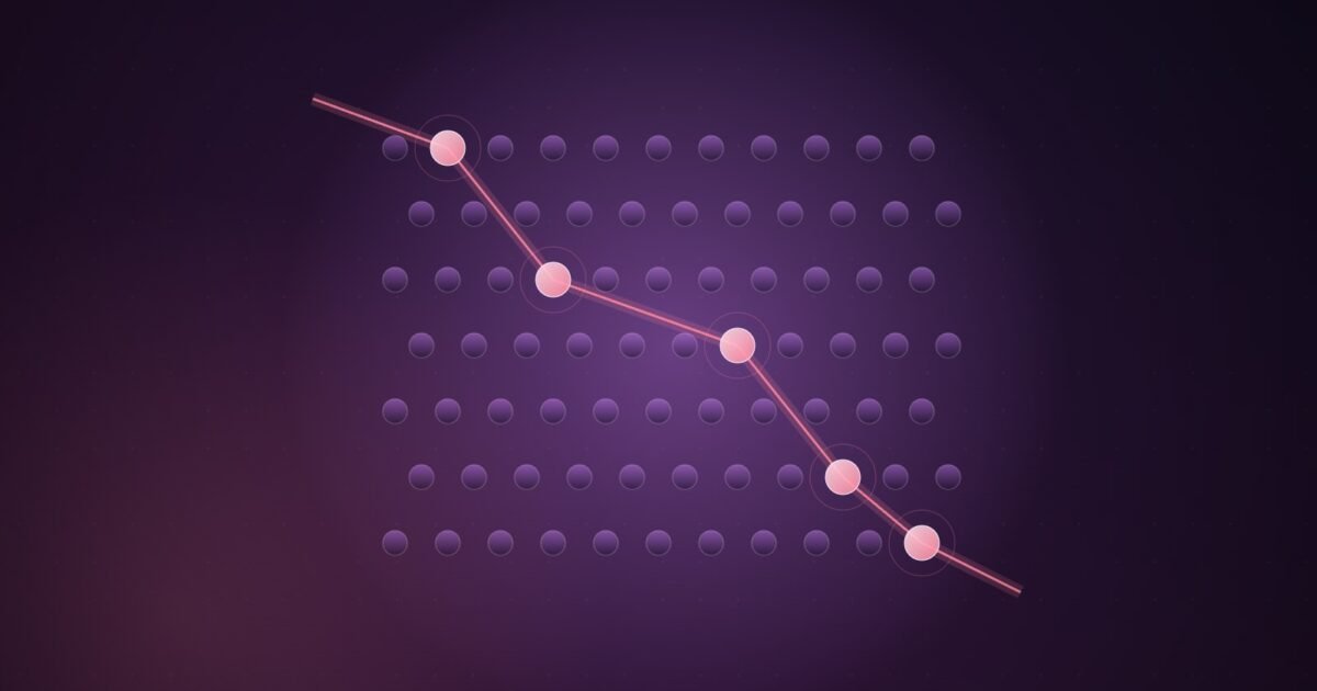 Abstract illustration of a lattice of dim purple nodes with a single glowing coral path routing through five lit nodes