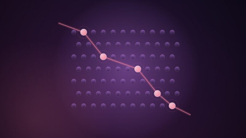 Abstract illustration of a lattice of dim purple nodes with a single glowing coral path routing through five lit nodes