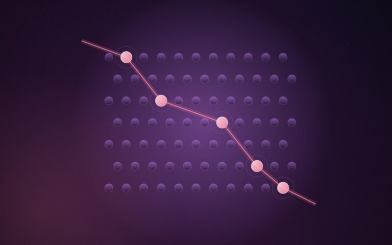 Abstract illustration of a lattice of dim purple nodes with a single glowing coral path routing through five lit nodes