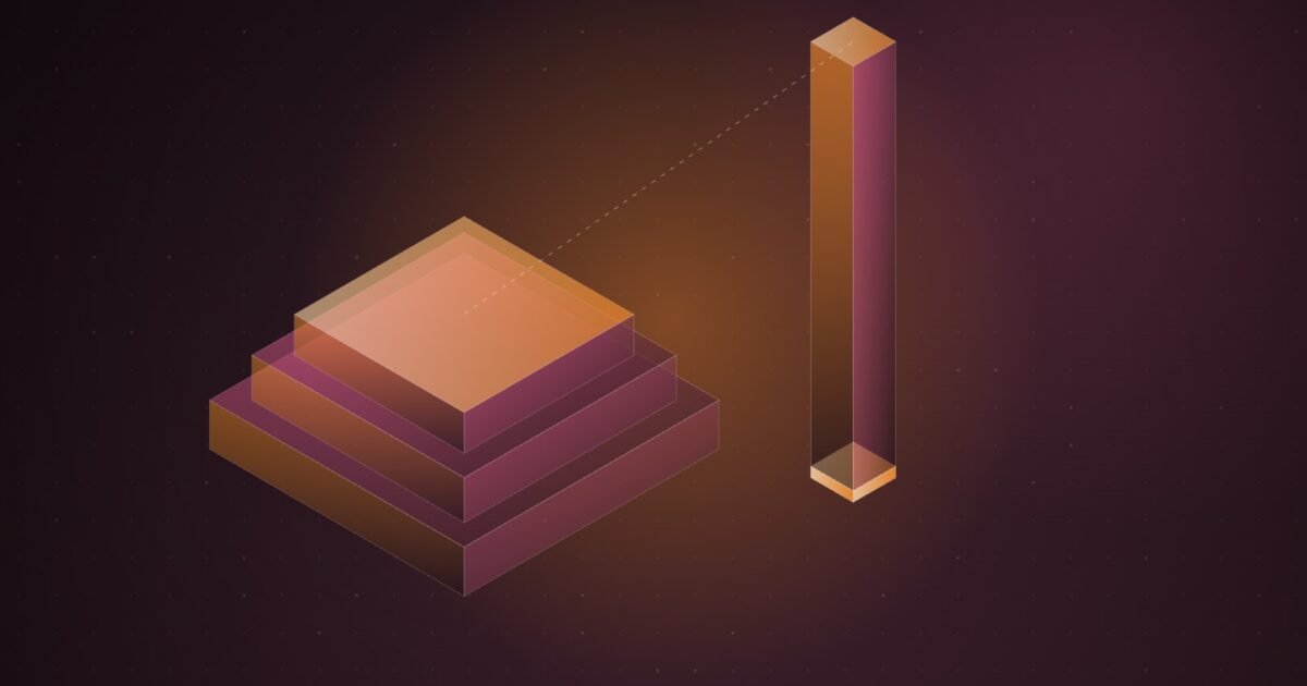 Abstract illustration of a tall, slender glowing column rising beside a wide, heavy stepped block, both on a dark burgundy grid