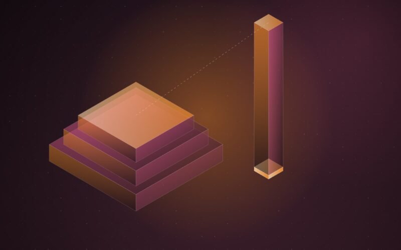 Abstract illustration of a tall, slender glowing column rising beside a wide, heavy stepped block, both on a dark burgundy grid