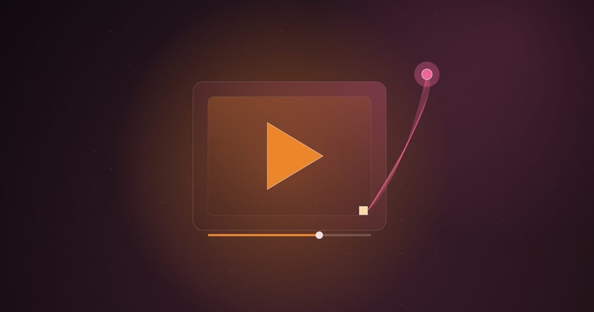 Abstract illustration of a glowing play-button triangle on a dot grid, with fine lines running from a single small square pixel to a distant node, on a dark plum gradient
