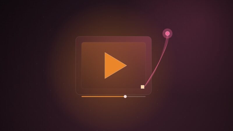 Abstract illustration of a glowing play-button triangle on a dot grid, with fine lines running from a single small square pixel to a distant node, on a dark plum gradient