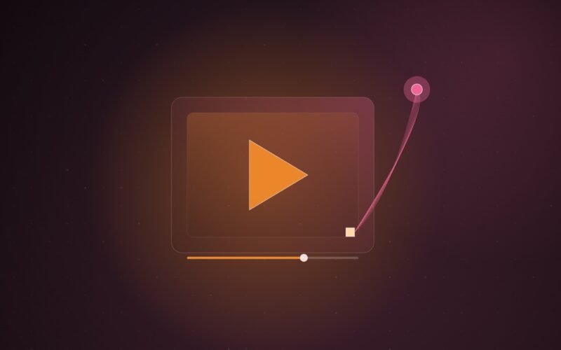 Abstract illustration of a glowing play-button triangle on a dot grid, with fine lines running from a single small square pixel to a distant node, on a dark plum gradient