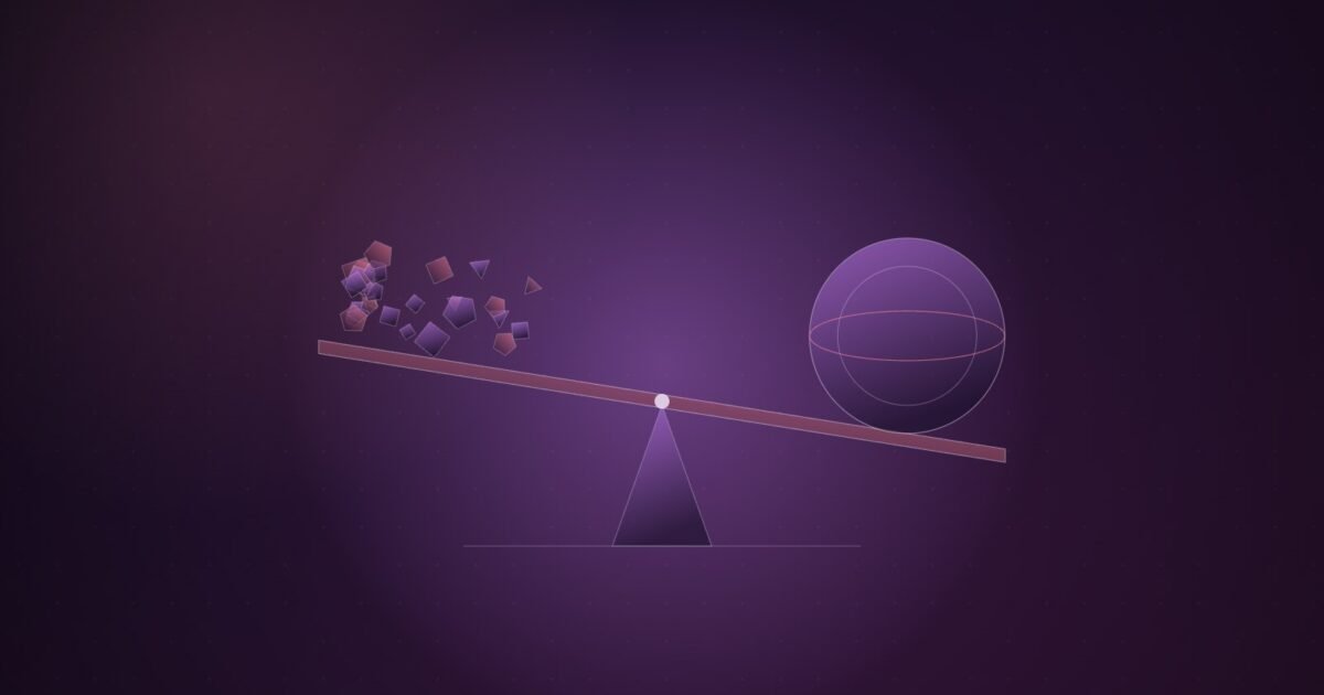 Abstract illustration of a balance beam tipping between a cluster of small fragments and one large sealed sphere, in violet and pink on a dark gradient