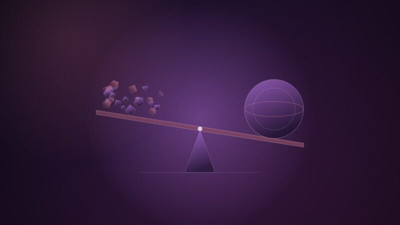 Abstract illustration of a balance beam tipping between a cluster of small fragments and one large sealed sphere, in violet and pink on a dark gradient