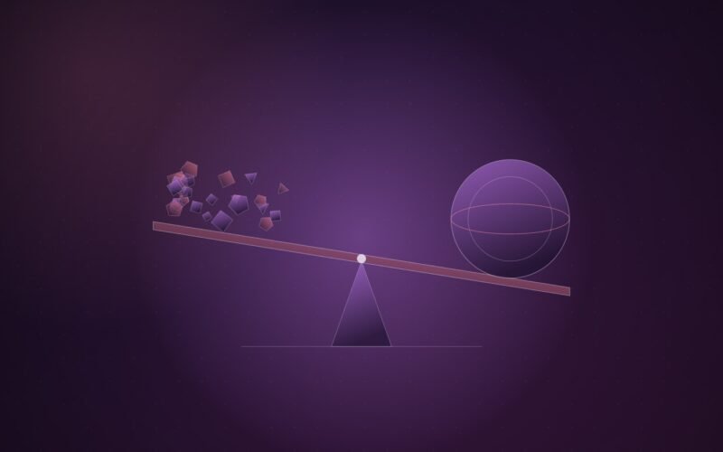 Abstract illustration of a balance beam tipping between a cluster of small fragments and one large sealed sphere, in violet and pink on a dark gradient