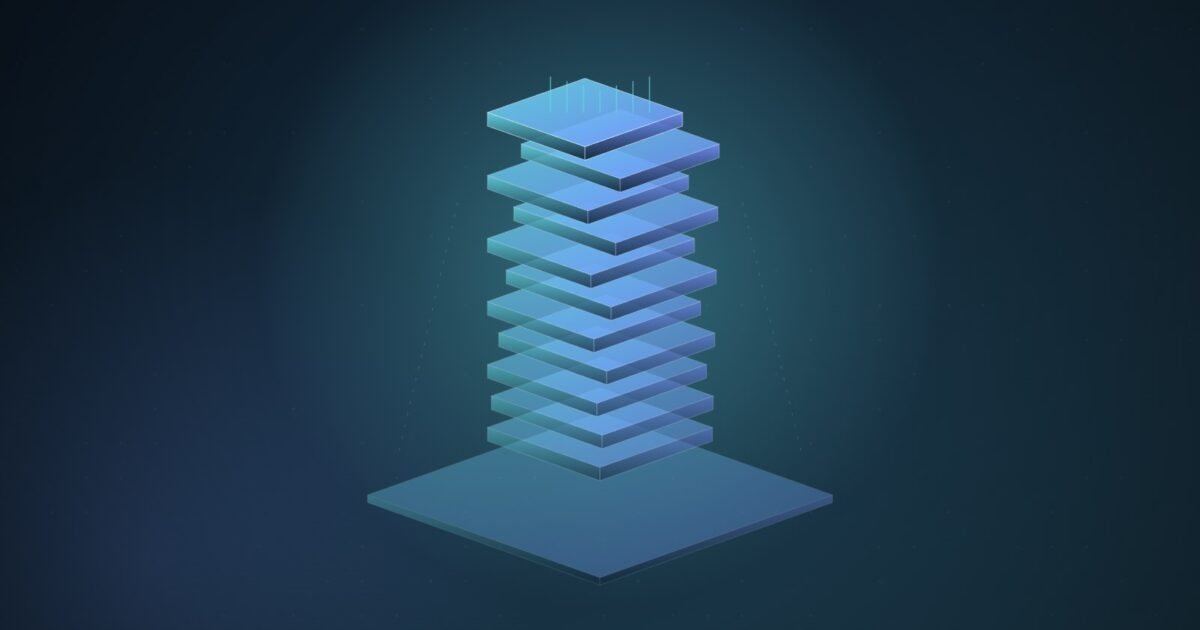 Abstract illustration of a tall stack of glowing cyan and blue memory wafers rising above a thin, dim slab on a dark blue field