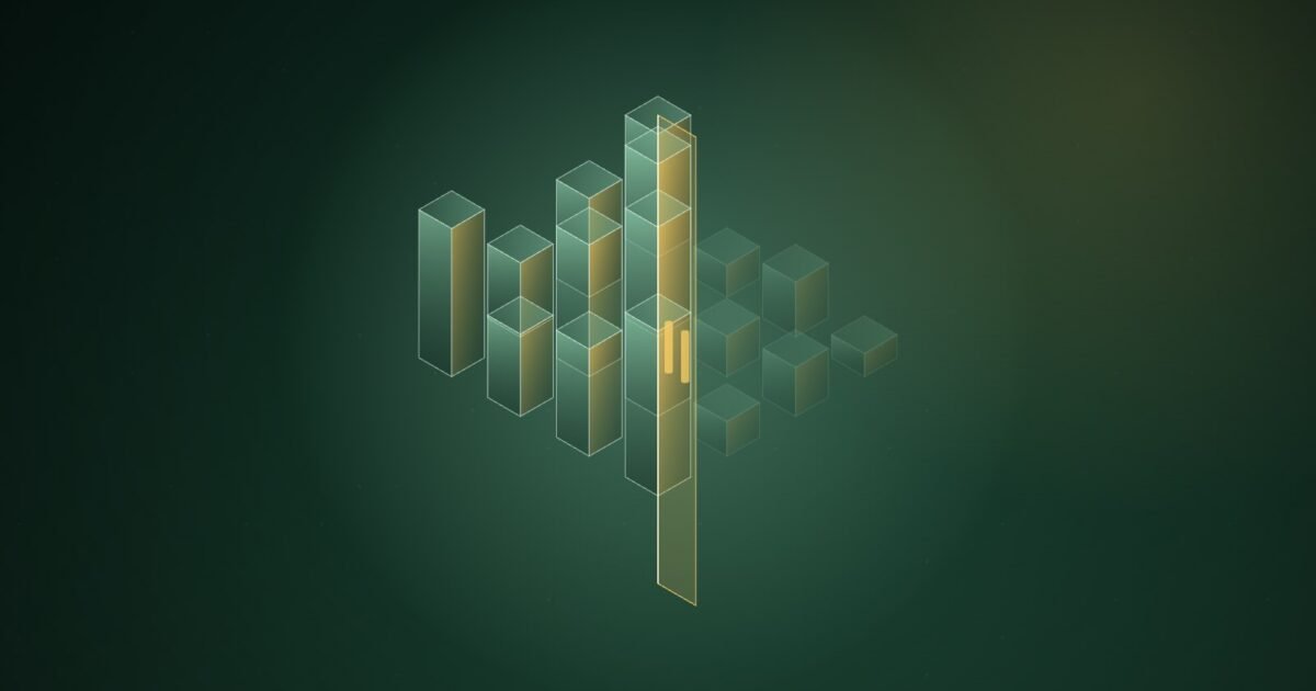 Abstract illustration of an isometric cluster of translucent green server towers split by a glowing amber barrier; the towers beyond it are shrunken and faded.