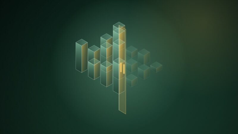 Abstract illustration of an isometric cluster of translucent green server towers split by a glowing amber barrier; the towers beyond it are shrunken and faded.
