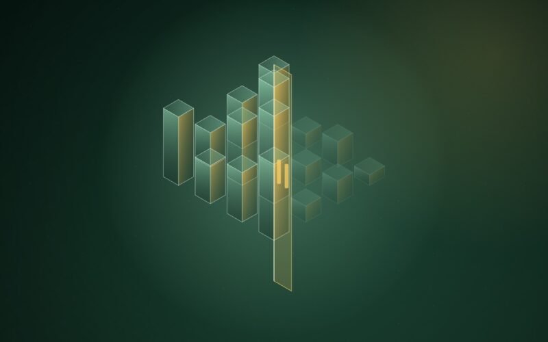 Abstract illustration of an isometric cluster of translucent green server towers split by a glowing amber barrier; the towers beyond it are shrunken and faded.
