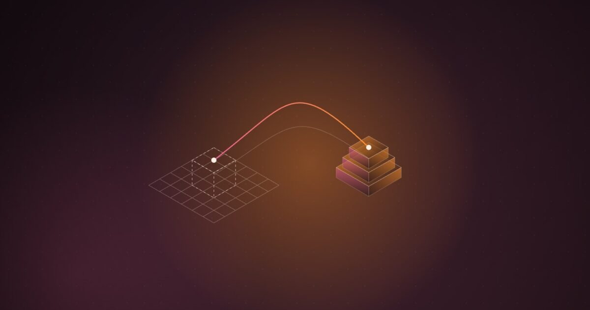 Abstract illustration of a wireframe blueprint grid on the left joined by a glowing orange thread to a stack of solid isometric blocks on the right, on a dark maroon dotted background