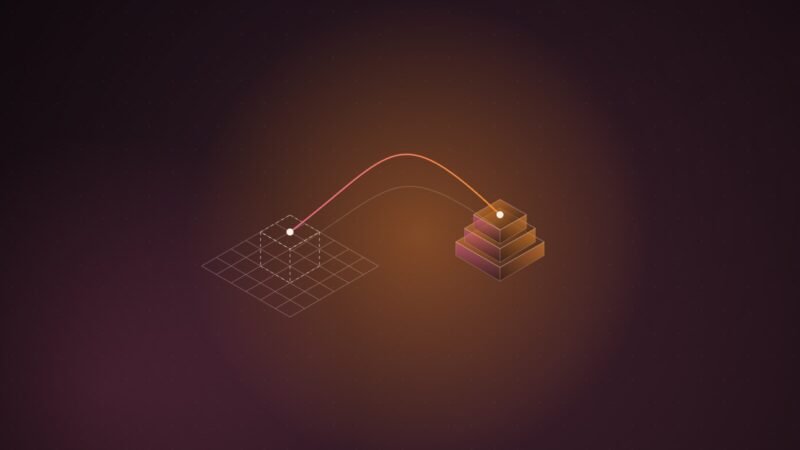 Abstract illustration of a wireframe blueprint grid on the left joined by a glowing orange thread to a stack of solid isometric blocks on the right, on a dark maroon dotted background