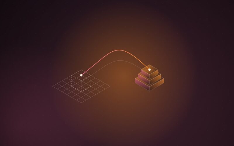 Abstract illustration of a wireframe blueprint grid on the left joined by a glowing orange thread to a stack of solid isometric blocks on the right, on a dark maroon dotted background