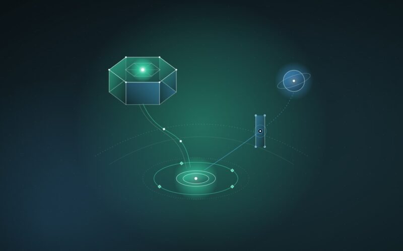 Abstract illustration: three paths leading from one origin to a local loop, an enclosure and a gated far point