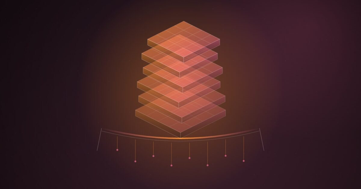 Abstract illustration of a stack of glowing isometric chip slabs resting on a sagging orange beam, with thin cables hanging beneath it