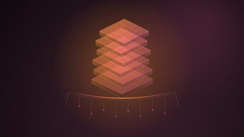 Abstract illustration of a stack of glowing isometric chip slabs resting on a sagging orange beam, with thin cables hanging beneath it