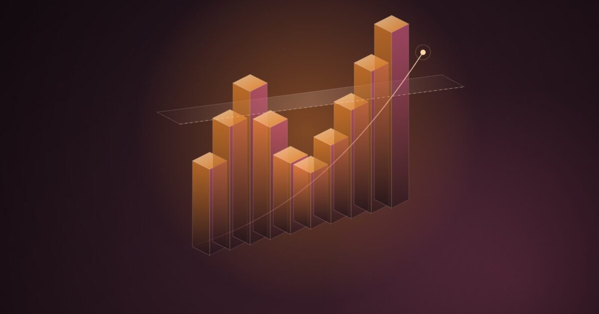Abstract illustration of glowing orange and pink isometric columns that dip and then rise through a translucent dashed threshold plane, with a thin trajectory arc climbing past it.