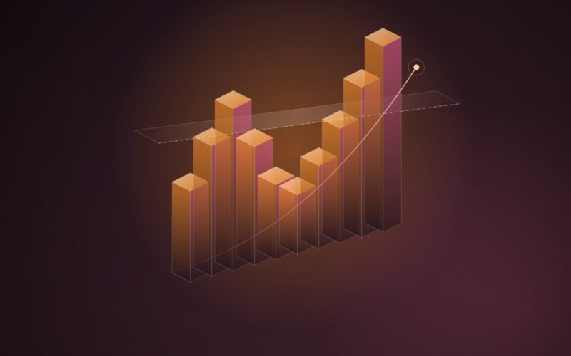 Abstract illustration of glowing orange and pink isometric columns that dip and then rise through a translucent dashed threshold plane, with a thin trajectory arc climbing past it.