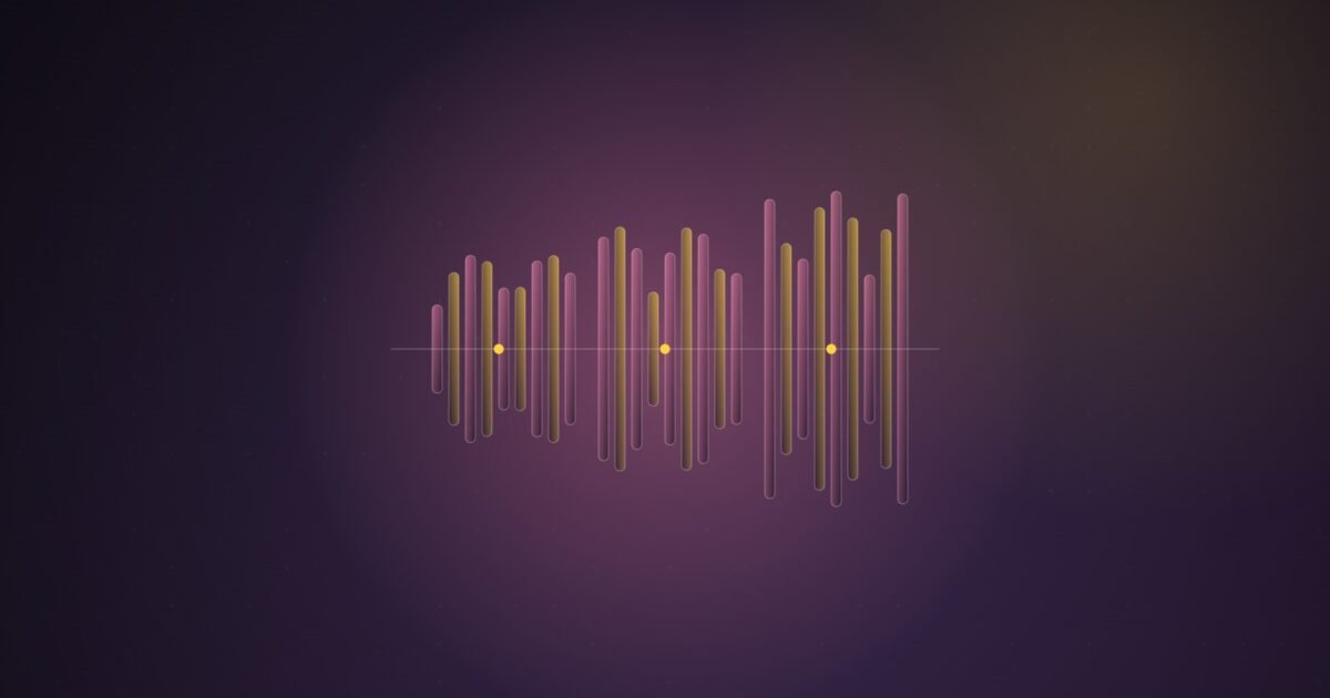Abstract illustration of three columns of sound-wave bars at different heights, pink and yellow on a dark purple gradient
