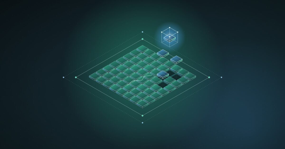 Abstract illustration: a grid of tiles with several lifted out and one held in a wireframe cage