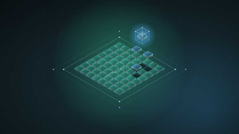 Abstract illustration: a grid of tiles with several lifted out and one held in a wireframe cage