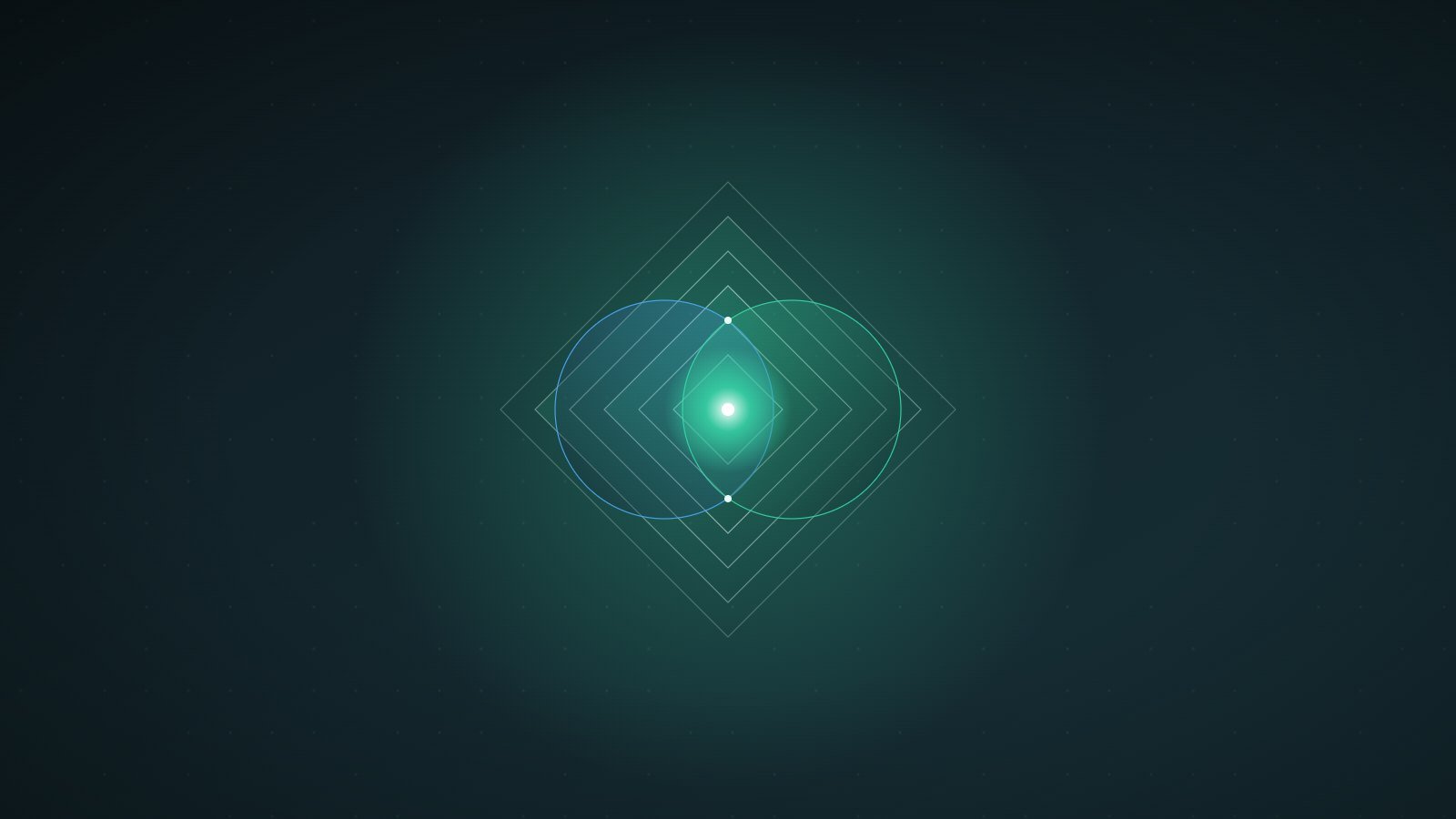 Two overlapping rings, one teal and one blue, centred inside a set of nested diamond frames, with a bright node where the rings intersect.